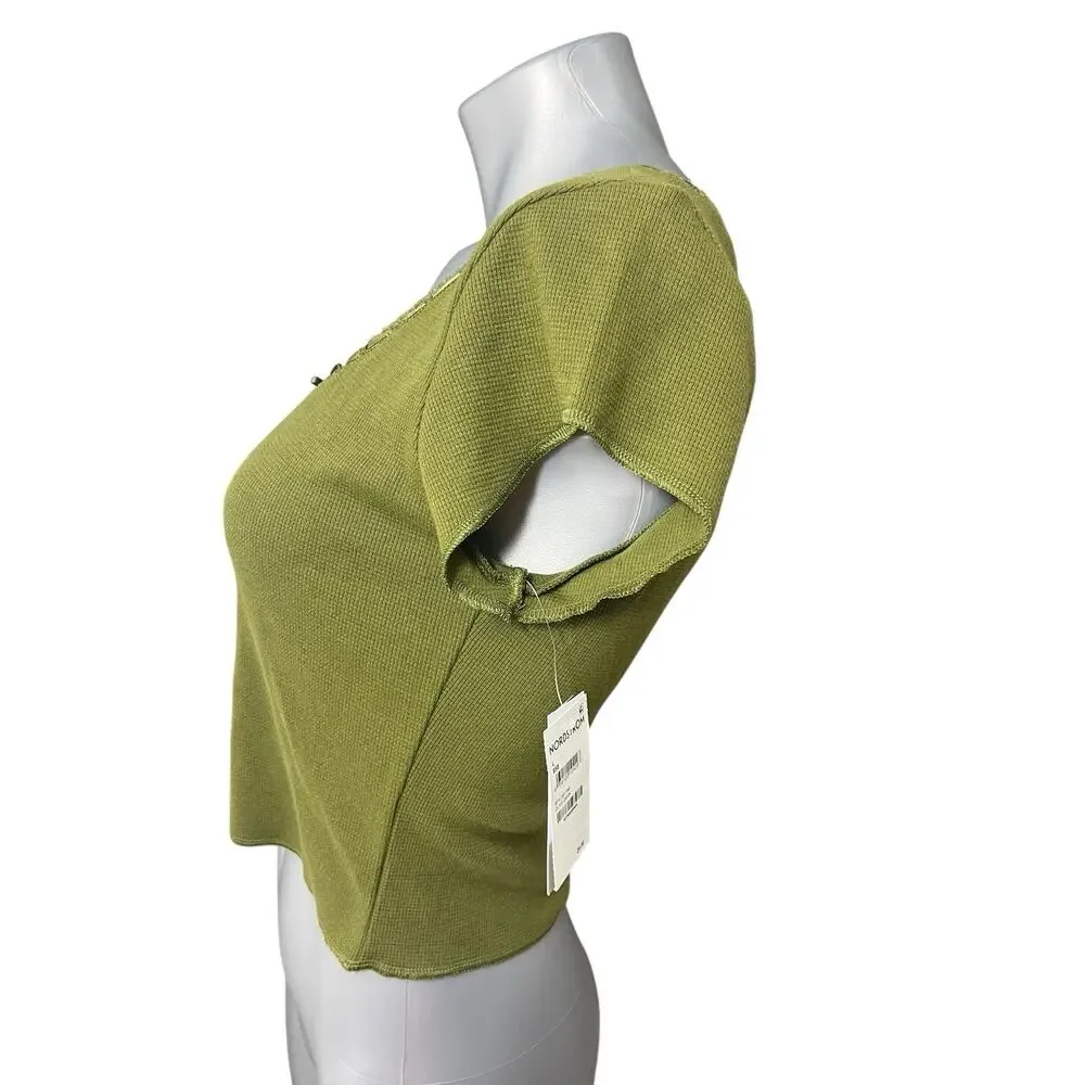 BP Babydoll Top Large Y2K Coquette Dark Olive Raw Hem Cropped Round Neck New - Picture 5 of 9